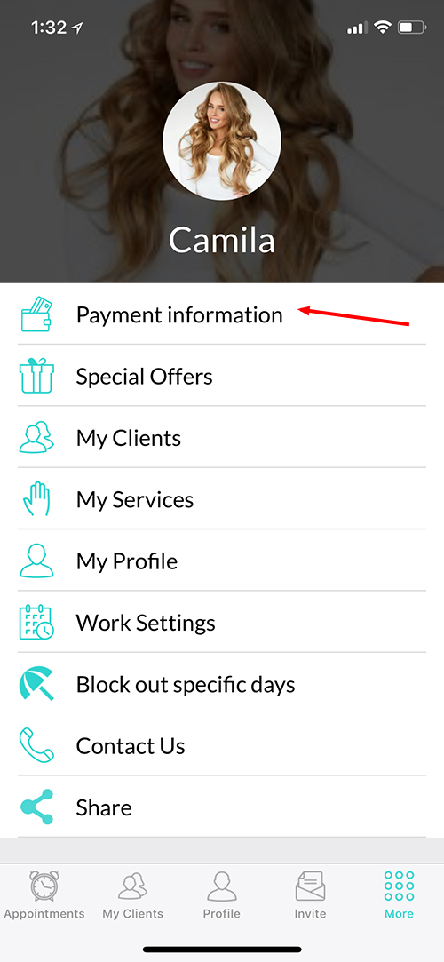 Payment Information tab under Menu on Ring My Stylist App