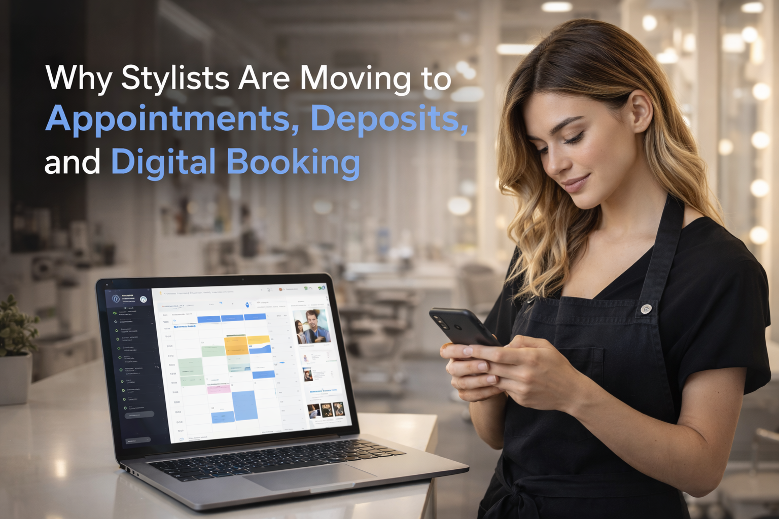 Hair stylist checking a digital booking app on her smartphone in a modern salon, with an online appointment calendar displayed on a laptop nearby.